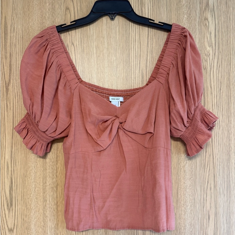 Brown Smocked Puff Sleeve Blouse